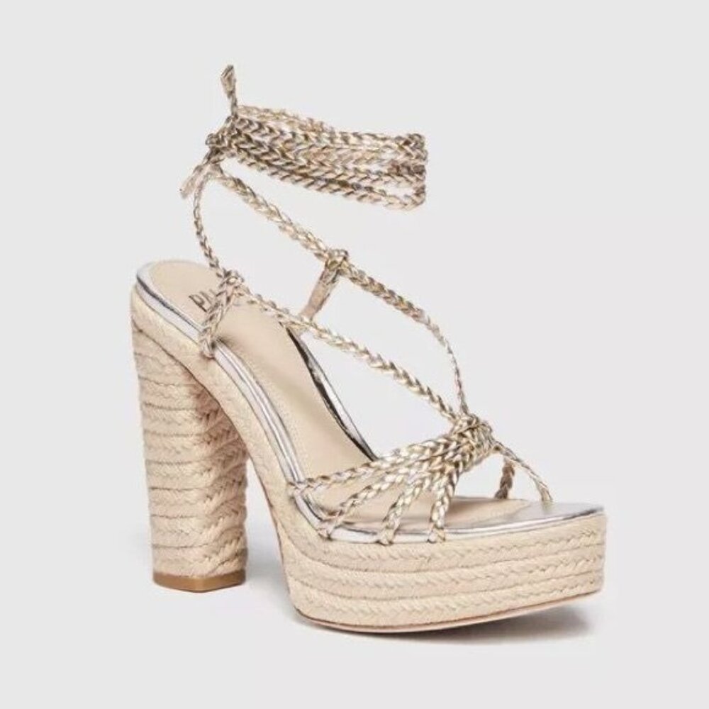PAIGE Braided Espadrille Platform Heels in Natural/Cream with Metallic Accents